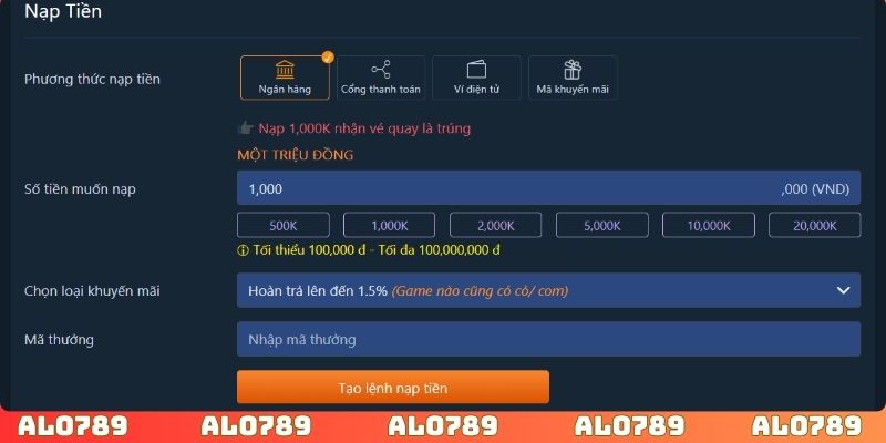 Nạp tiền thành công người chơi sở hữu vốn cược hợp lệ